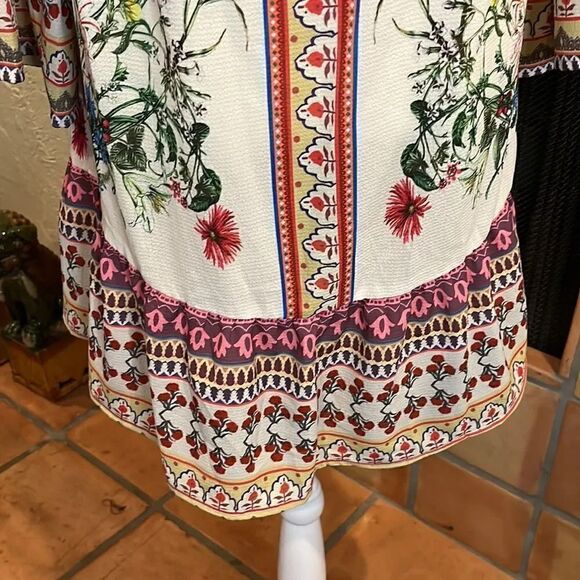 Umgee Border Bell Sleeve Dress - Natural, S! - Picture 3 of 9